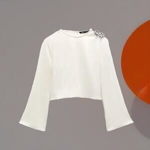 NWT ZARA Oyster White Blouse with Shoulder Jewel Detail XS MSRP $128